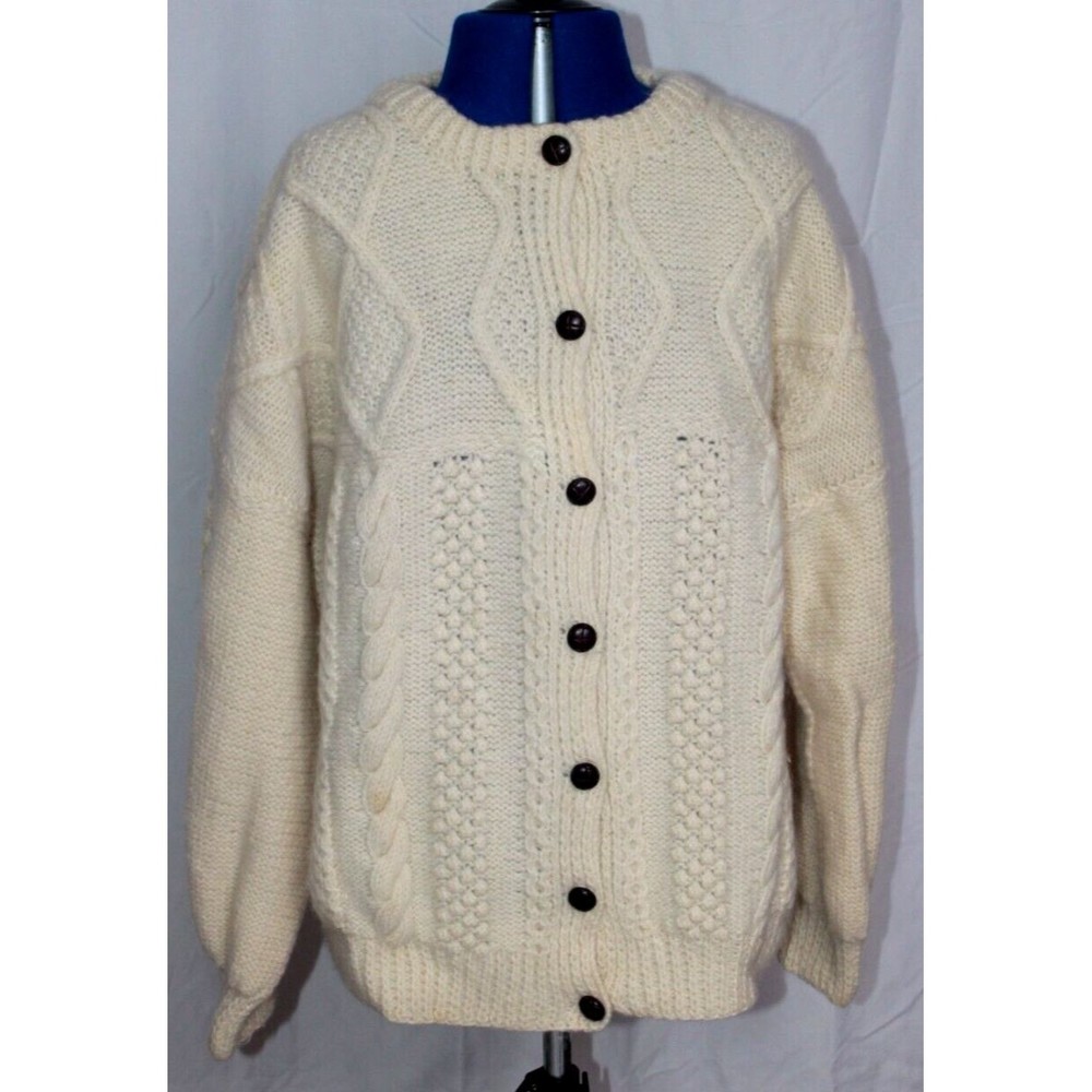 Crana Handknits Made In Ireland 100% Pure New Wool Cream Cable Knit Cardigan M